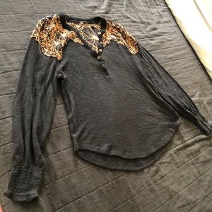Free People black and orange long sleeve embroidered top M